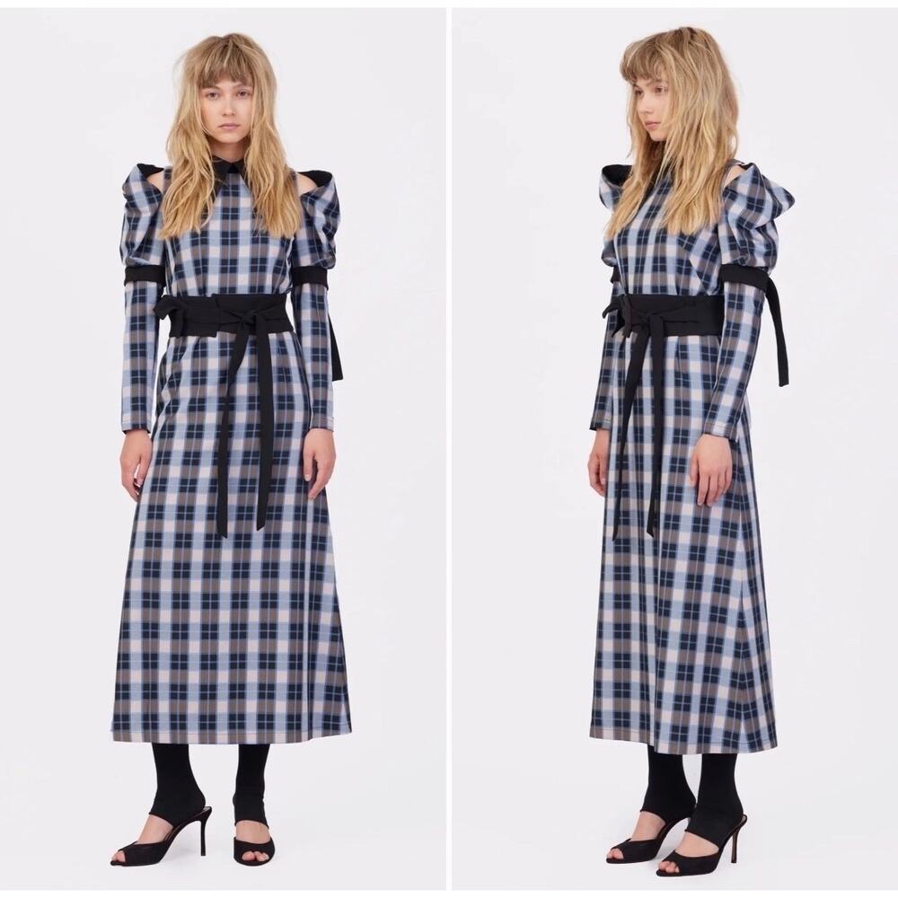 NWT Julia Allert Blue Checker Cold Shoulder Long Sleeve Dress Belted sz XS Edgy